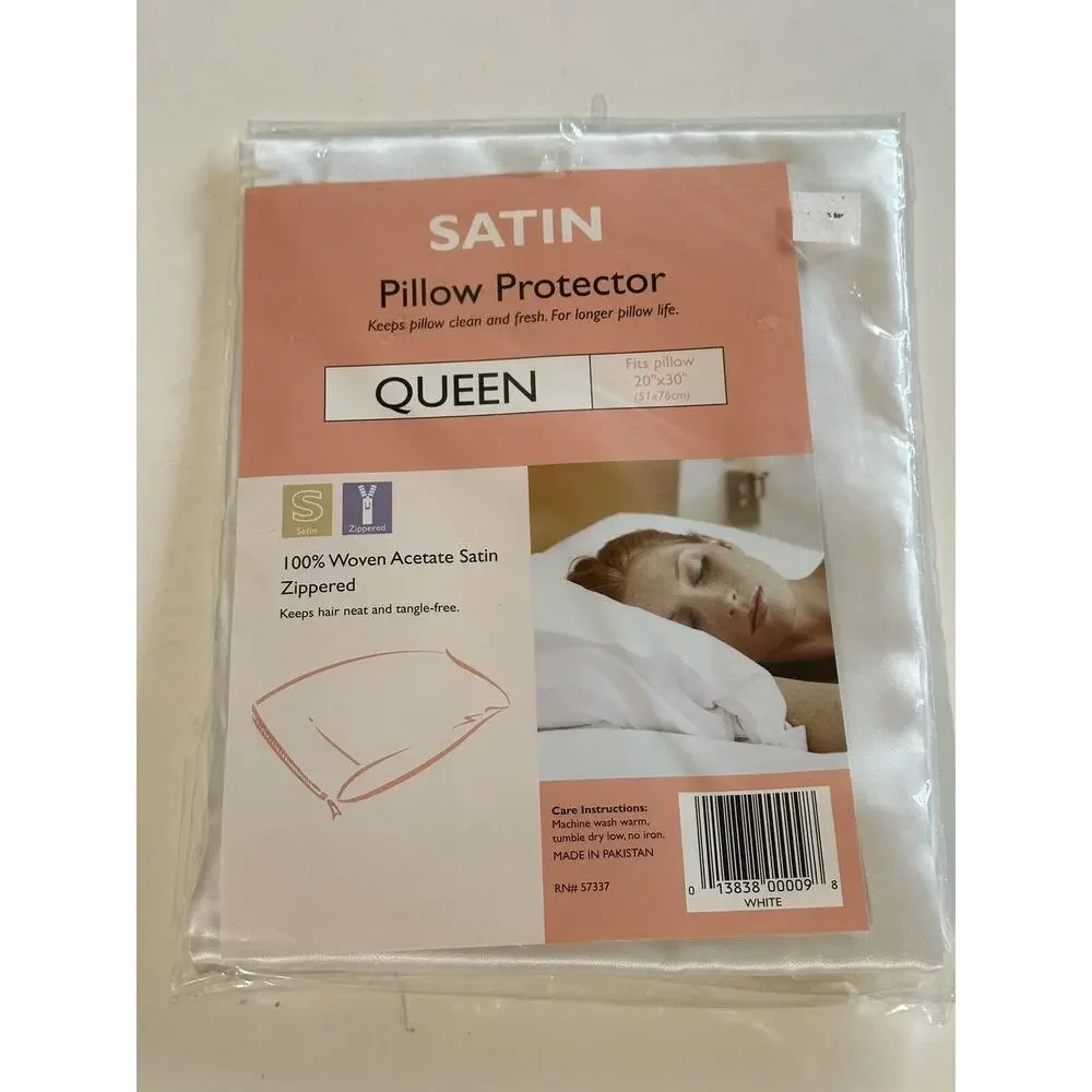 Satin Pillow Protector Queen Size White Sateen 100% Woven Zippered 20”x30”‎